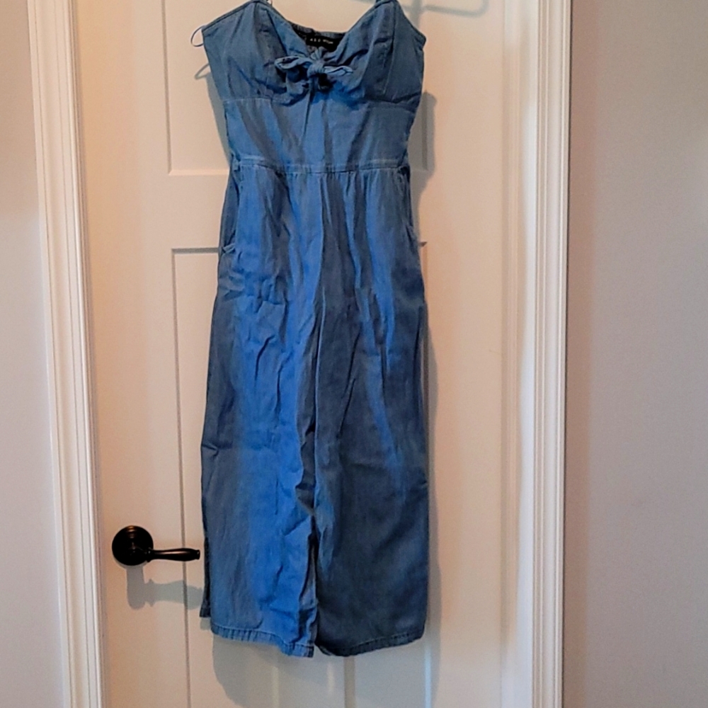As you wish chambray tie front cropped leg jumpsuit